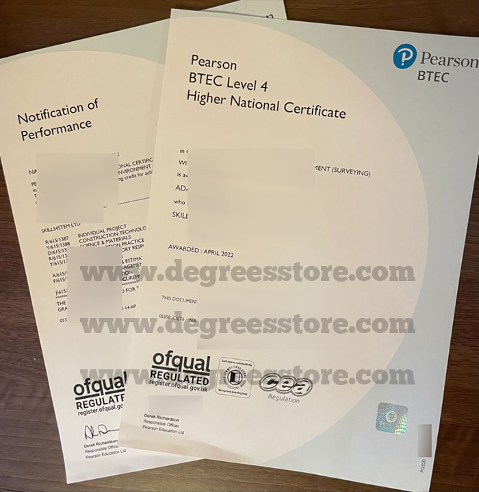 Pearson BTEC Level 4 Higher National Certificate and transcript
