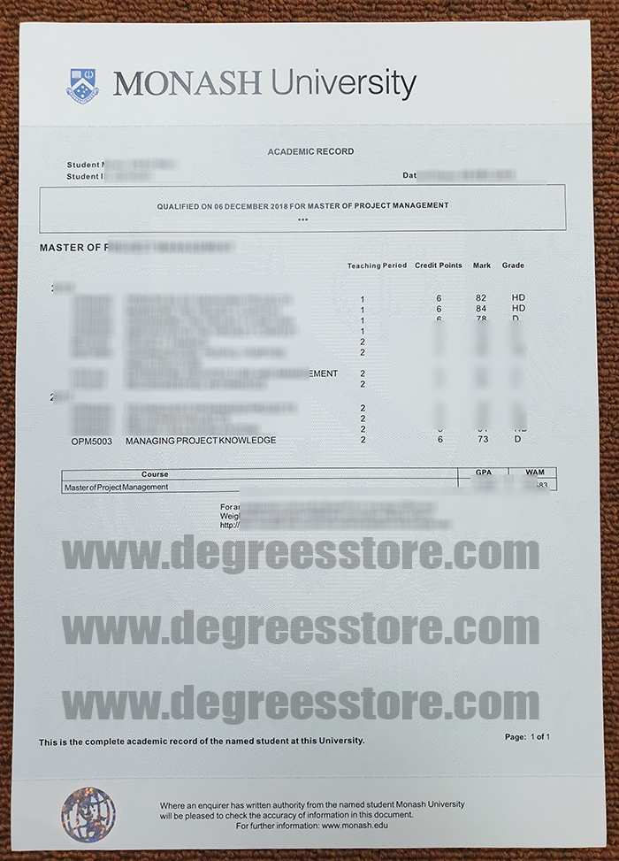 Monash University transcript