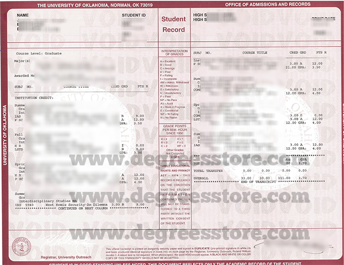 University of Oklahoma transcript University of Oklahoma transcript