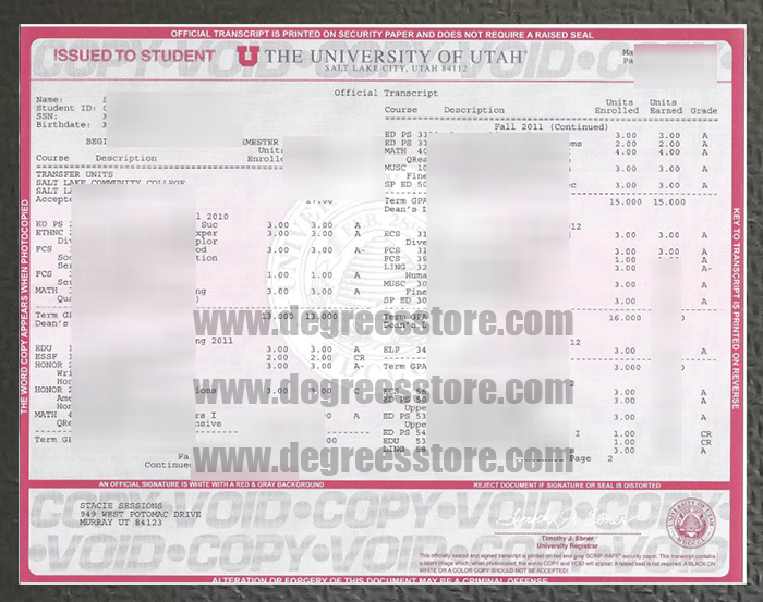 University of Utah transcript University of Utah transcript