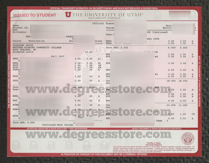 University of Utah transcript