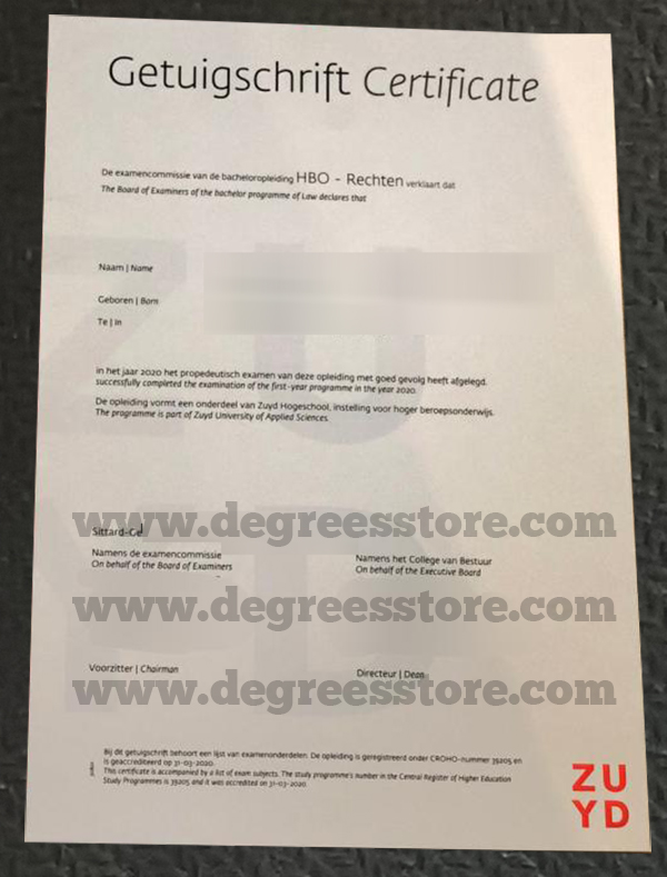 Zuyd Hogeschool Getuigschrift