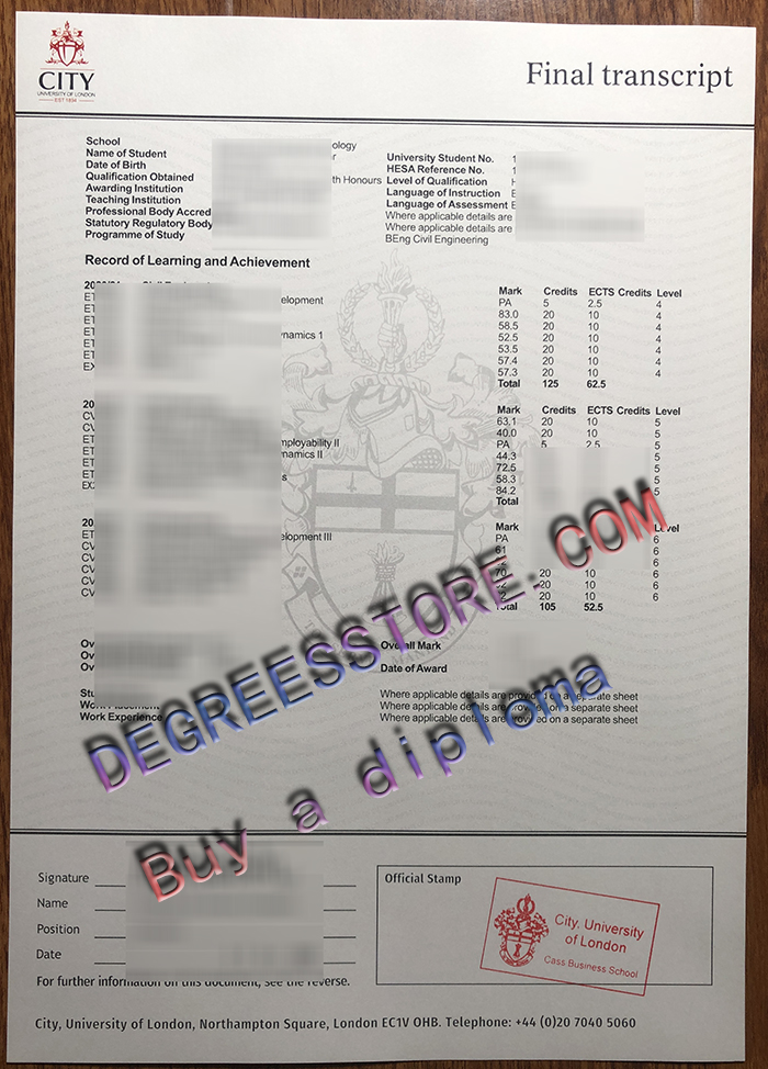 City University of London Transcript City University of London Transcript